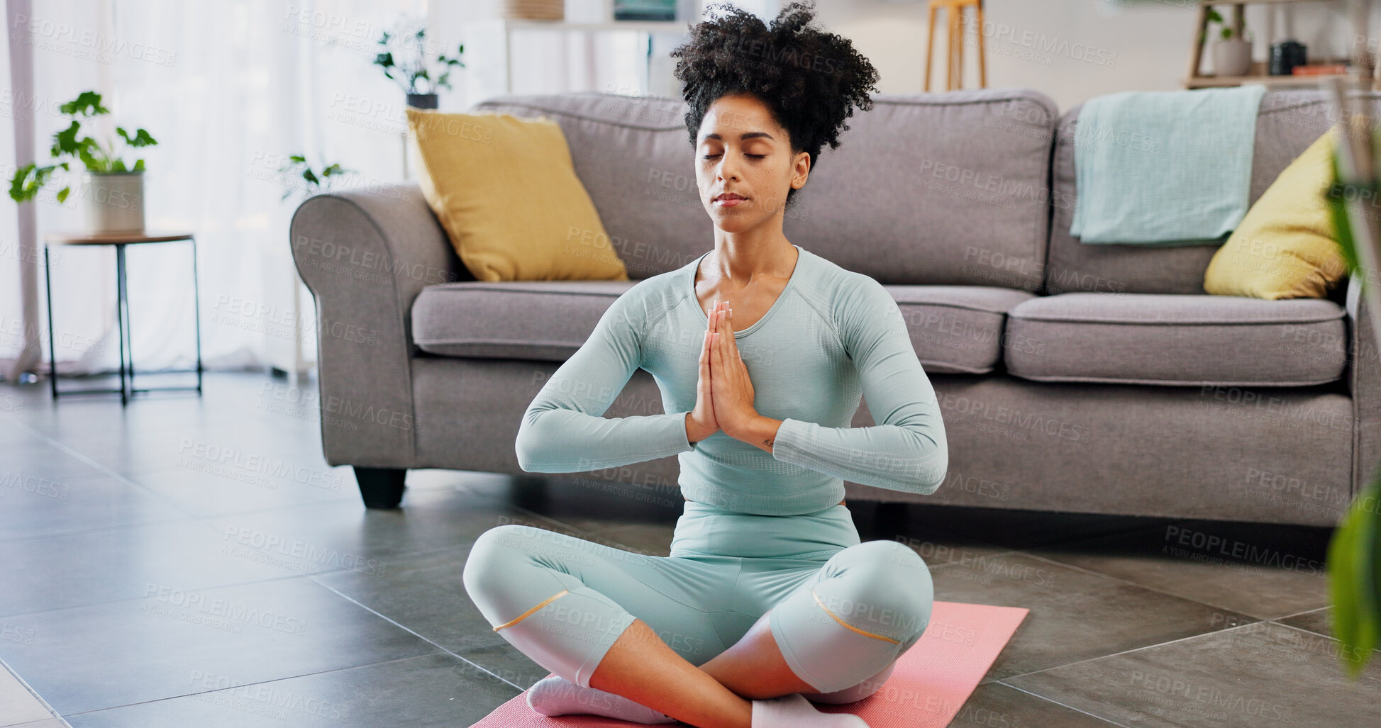 Buy stock photo Yoga, namaste or person in house with meditation, calm practice or mindfulness in wellness activity. Inner peace, prayer hands or woman with lotus, zen or mindset improvement for holistic health.