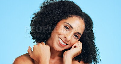 Buy stock photo Glow, skincare and happy woman in studio for beauty, natural and wellness on blue background. Cosmetic, smile and portrait of person with aesthetic, dermatology and self care with healthy skin