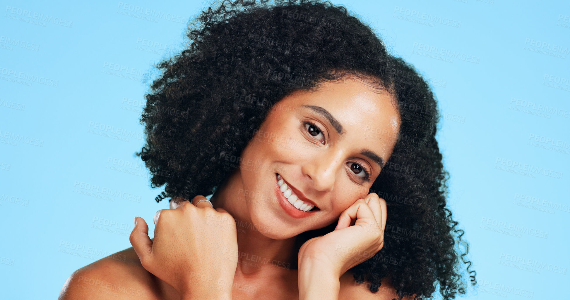Buy stock photo Glow, skincare and happy woman in studio for beauty, natural and wellness on blue background. Cosmetic, smile and portrait of person with aesthetic, dermatology and self care with healthy skin