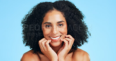 Buy stock photo Portrait, skincare and happy woman in studio for dermatology, shine and wellness on blue background. Cosmetic, smile and person with facial glow for beauty, aesthetic benefits and smooth skin
