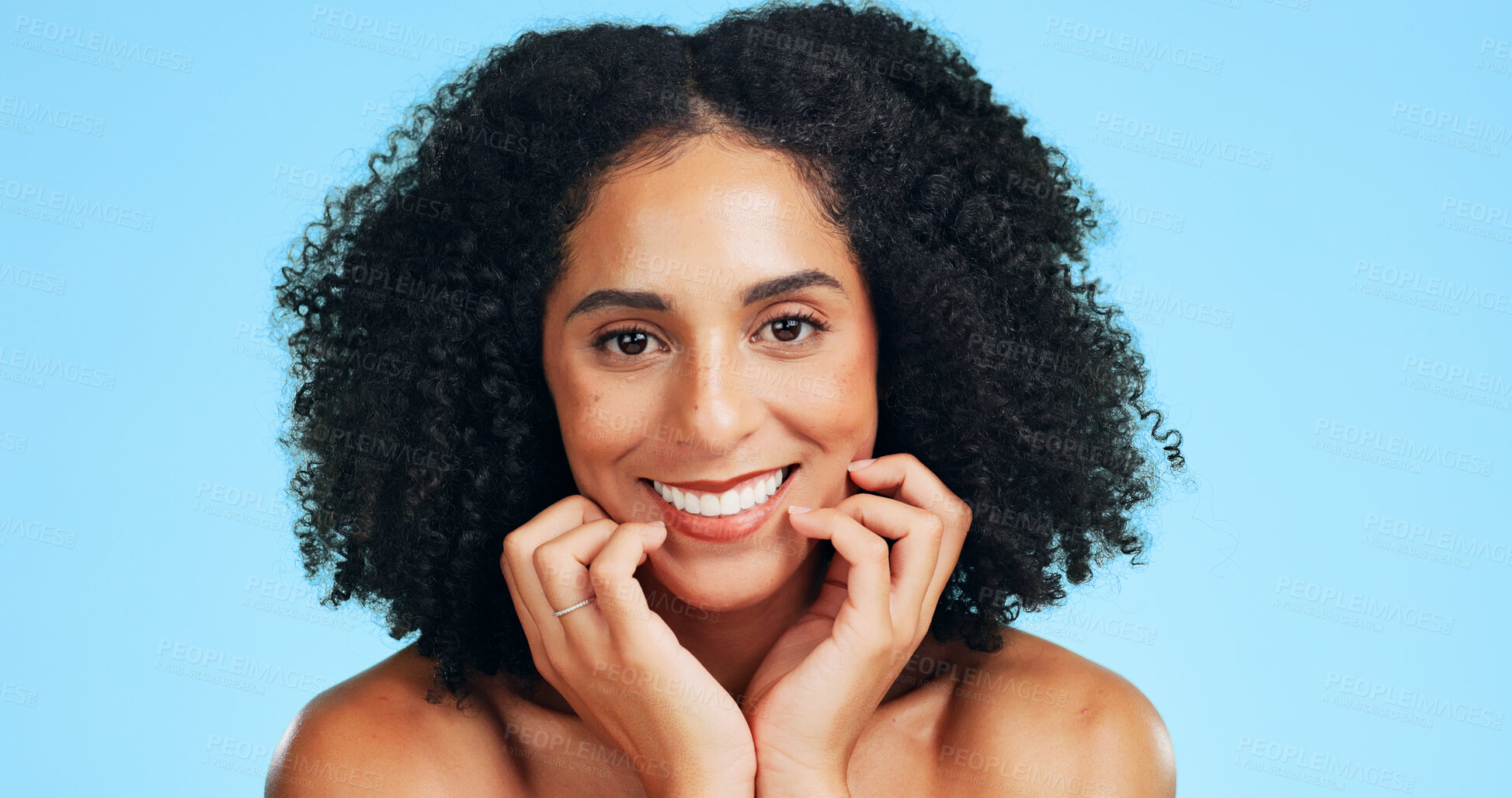 Buy stock photo Portrait, skincare and happy woman in studio for dermatology, shine and wellness on blue background. Cosmetic, smile and person with facial glow for beauty, aesthetic benefits and smooth skin