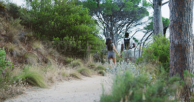 Buy stock photo Couple, hiking and travel in nature for adventure, backpacking and bonding with partner on vacation. People, walking and outdoor together for fresh air, trekking and exploration in woods and holiday