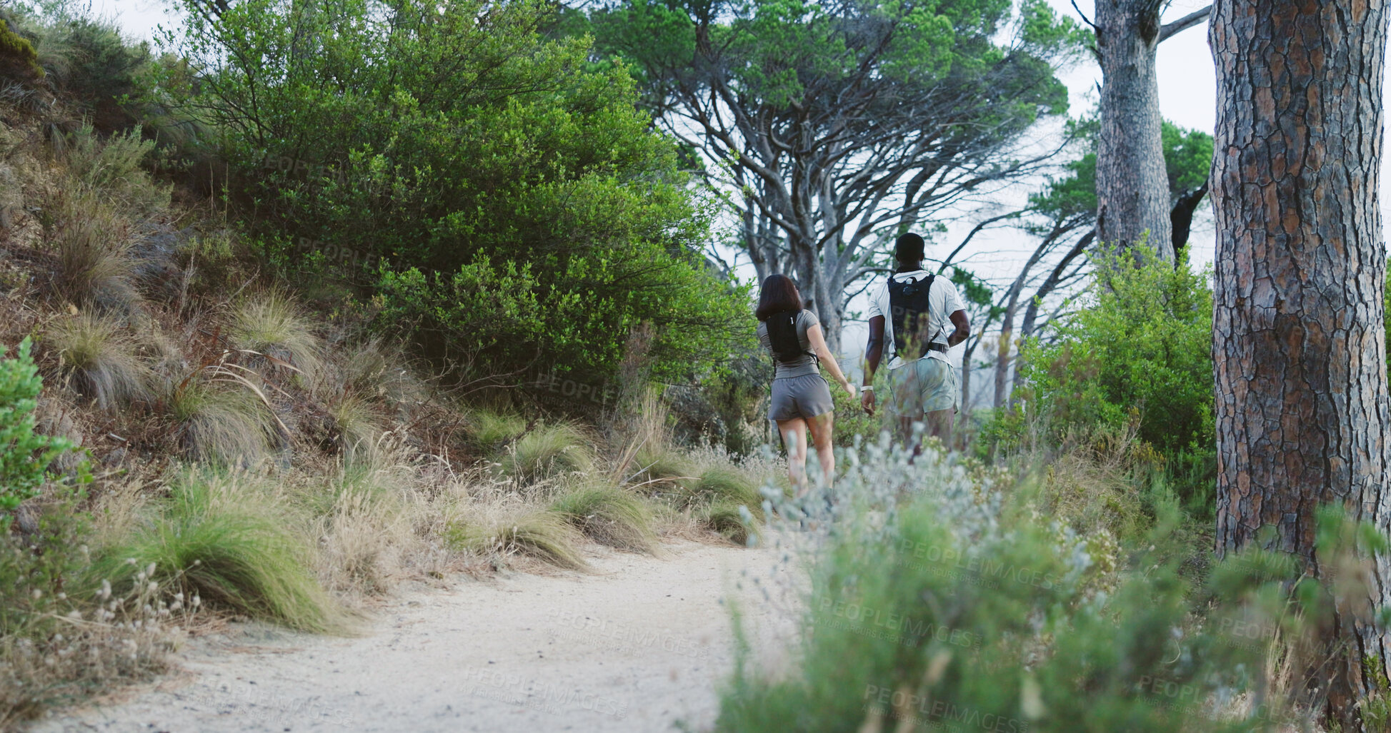 Buy stock photo Couple, hiking and travel in nature for adventure, backpacking and bonding with partner on vacation. People, walking and outdoor together for fresh air, trekking and exploration in woods and holiday