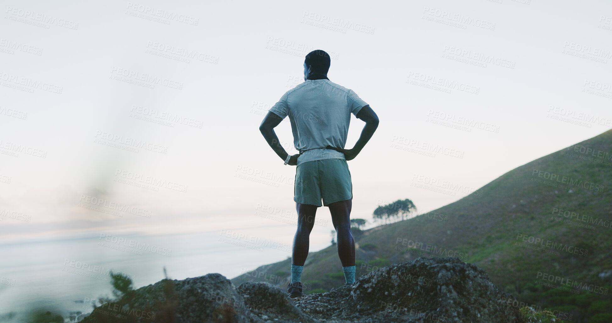 Buy stock photo Back, man and hiking on mountain with scenic view, fitness and exploration outdoor for weekend break. Tourist, active person and sightseeing in nature with thinking, wellness and hill for scenery.