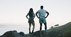 Back, couple and hiking for fitness on hill for travel, adventure and ocean view on holiday. Space, people and trekking mountain for sightseeing sea, explore nature and fresh air on getaway vacation