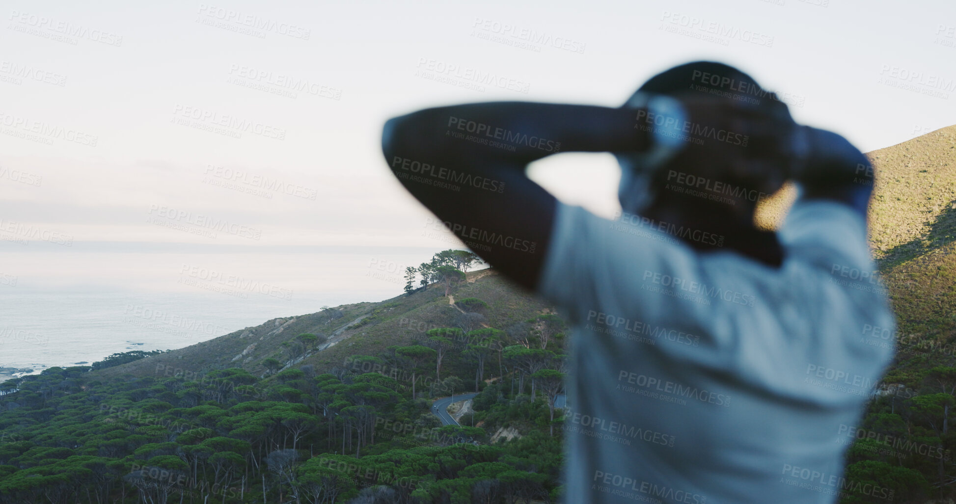 Buy stock photo Man, view and hiking with rest at peak, exercise goal or break with space by mountain for thinking. Person, nature and reflection with back of hiker outdoor for fitness, fresh air and trekking summit