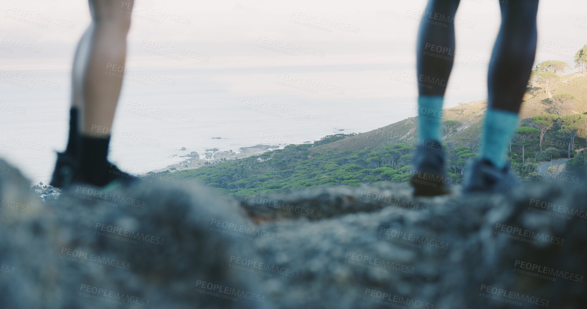Buy stock photo People, legs and hiking on mountain rock for outdoor adventure, journey or fitness exercise. Friends, hiker or tourist with shoes or view on cliff for workout, trekking trail or walk in wilderness