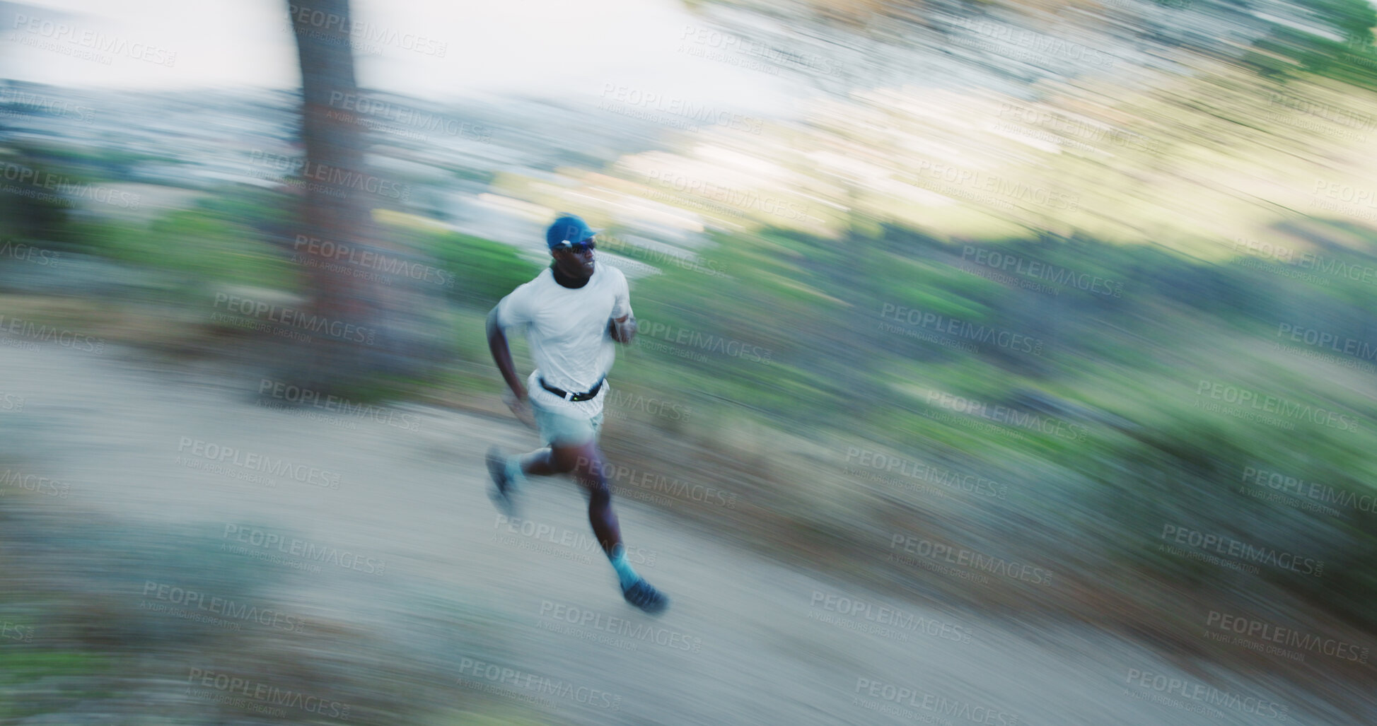 Buy stock photo Fitness, black man and running in woods with motion blur, body health and cardio endurance workout. Person, outdoor and fast runner in forest for exercise, training and practice sprint with speed