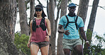 Fitness, hike or couple in nature with walking, partnership or cardio support in physical activity. Team, man or woman with exercise, workout collaboration or trekking together in outdoor hobby.