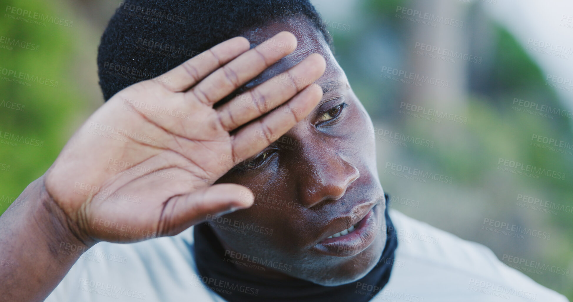 Buy stock photo Sweat, fatigue and black man in nature for fitness, health and rest for exercise challenge. Break, athlete and tired person in forest with workout, exhausted or training for wellness or endurance