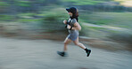 Exercise, woman and running in woods with motion blur, body health and cardio endurance with speed. Person, outdoor and fast runner in forest for fitness, training and practice sprint to workout