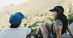 Outdoor, discussion and friends with break for travel, hiking adventure and eco tourism for holiday. Relax, talking and people with trekking excursion for vacation, bonding and sightseeing in nature