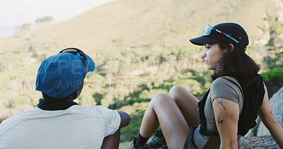 Buy stock photo Outdoor, discussion and friends with break for travel, hiking adventure and eco tourism for exploration. Relax, talking and people with trekking excursion for sightseeing, rest and bonding in nature