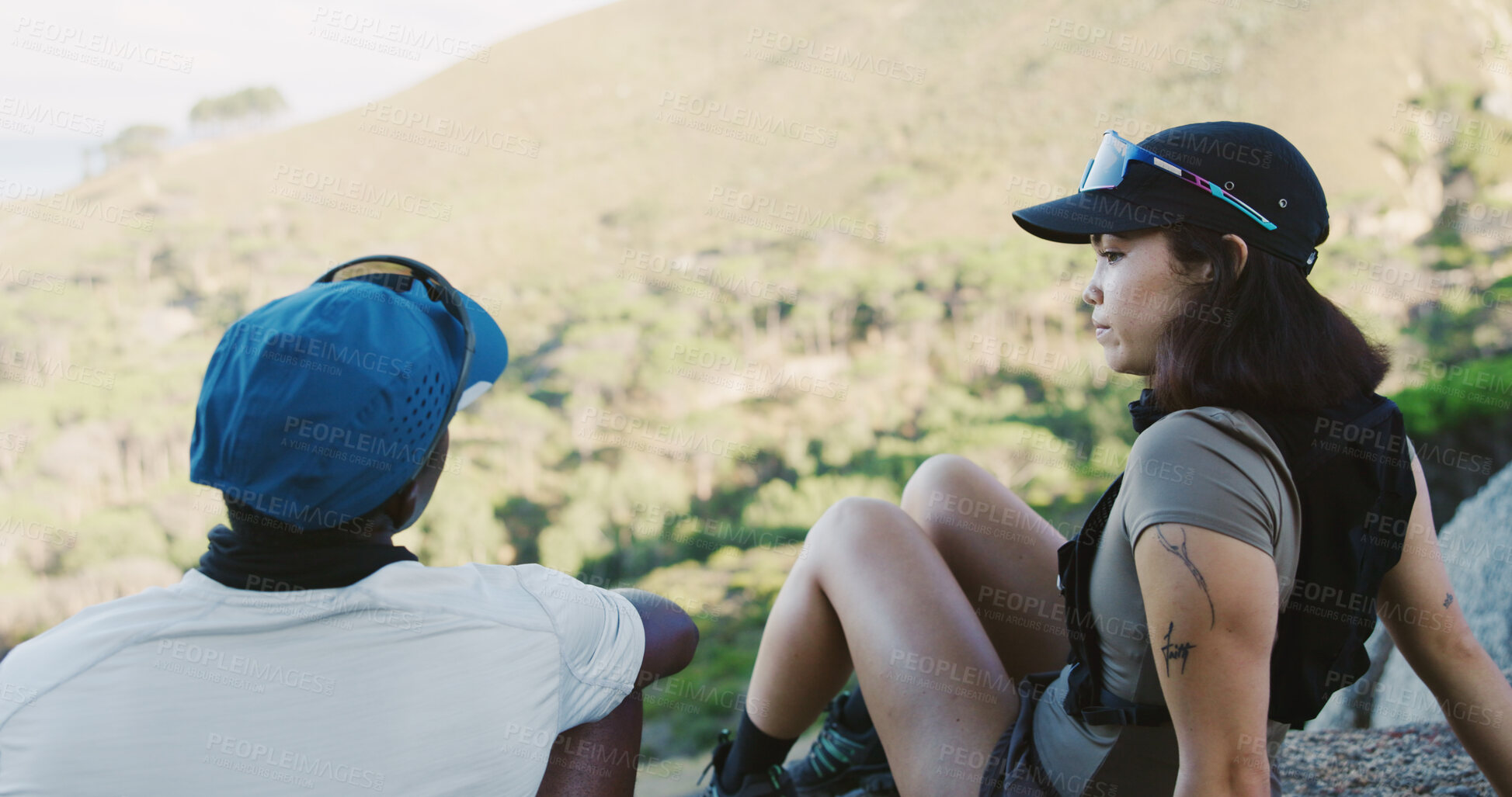 Buy stock photo Outdoor, discussion and friends with break for travel, hiking adventure and eco tourism for exploration. Relax, talking and people with trekking excursion for sightseeing, rest and bonding in nature