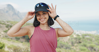 Buy stock photo Portrait, outdoor and woman with hat for fitness, confidence and hiking hobby for summer exercise. Smile, pride and person with gear for trekking adventure, mountain exploration and aerobic workout