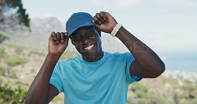 Buy stock photo Portrait, outdoor or black man with hat for fitness, confidence or hiking hobby for summer exercise. Smile, pride and person with gear for trekking adventure, mountain exploration and aerobic workout