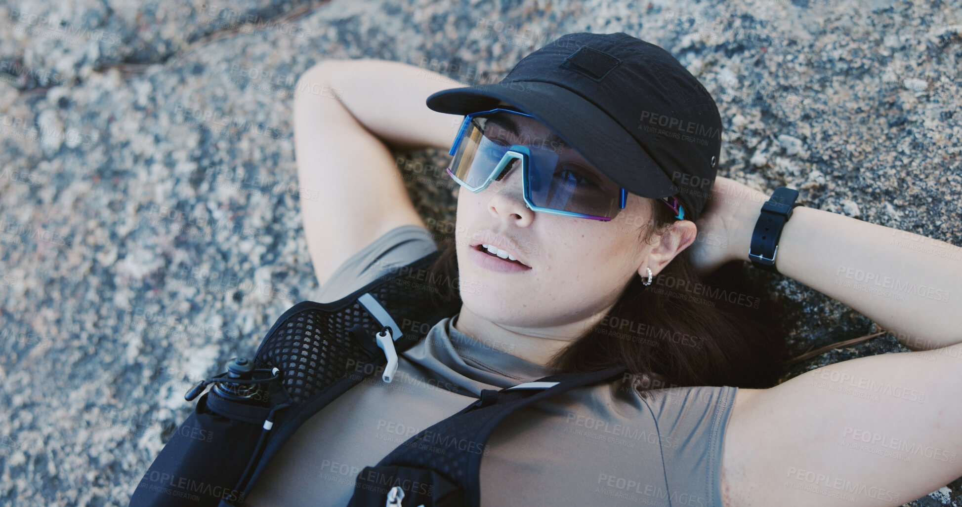 Buy stock photo Tired, woman and rest for fitness on rock from exercise, intense training and recovery. Thinking, female person and exhausted with fatigue, athlete burnout and break in nature from workout challenge