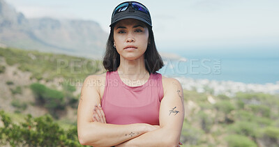 Buy stock photo Outdoor, portrait and woman with arms crossed for fitness, travel and hiking hobby for summer exercise. Serious, space or person with pride for trekking adventure, explore mountain or aerobic workout