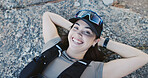 Portrait, woman and relax for fitness in nature from exercise, intense training and recovery. Smile, female person and rest with fresh air outdoor, exhausted athlete and break from workout challenge