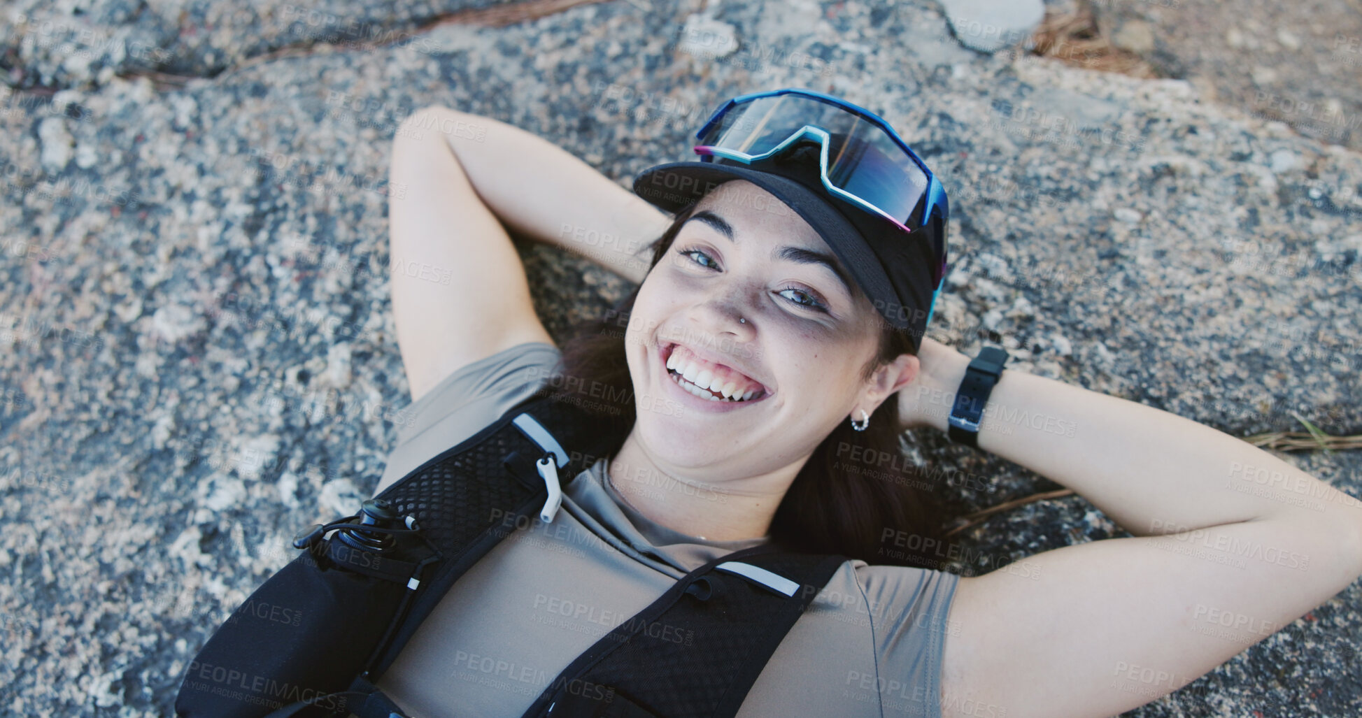 Buy stock photo Portrait, woman and relax for fitness in nature from exercise, sports training and recovery. Above, female person and rest with fresh air outdoor, exhausted athlete and break from physical activity