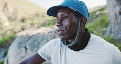 Buy stock photo Thinking, tired and black man for fitness in nature from exercise, intense training and recovery. Sweating, male person and exhausted with reflection, burnout fatigue and break from workout challenge