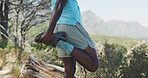 Person, legs and stretching with fitness in nature for workout preparation or outdoor exercise. Active, hiker or runner getting ready with body warm up for health, training or trekking in wilderness