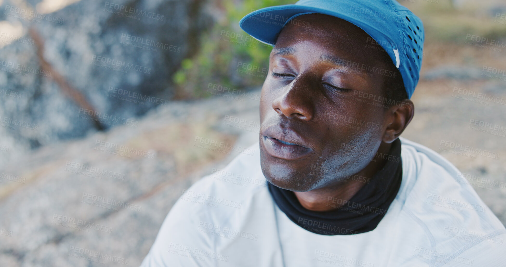 Buy stock photo Break, breathing and black man for hiking, exercise or health in nature for fitness with recovery. Fatigue, active and African male person with trekking outdoor with rest, relax and wellness.