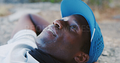 Buy stock photo Happy, fitness and black man outdoor for hiking, exercise or health in nature for breathing. Break, smile and African person with rest for trekking with travel, relax or recovery for wellness.