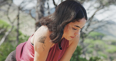 Buy stock photo Fitness, tired or runner in woods with break, cardio fatigue or rest in outdoor practice. Wellness, dedication or woman in forest with stop, training pause and recovery with exercise burnout.