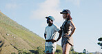 Thinking, couple and hiking for fitness outdoor for travel, adventure and holiday trip with view. Vision, people or trekking mountain for sightseeing, explore nature and fresh air on getaway vacation