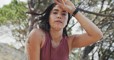 Buy stock photo Fitness, break or runner in nature with portrait, intense cardio or rest in outdoor practice. Exercise, fatigue or woman in forest with sweating, training pause and recovery in physical challenge.