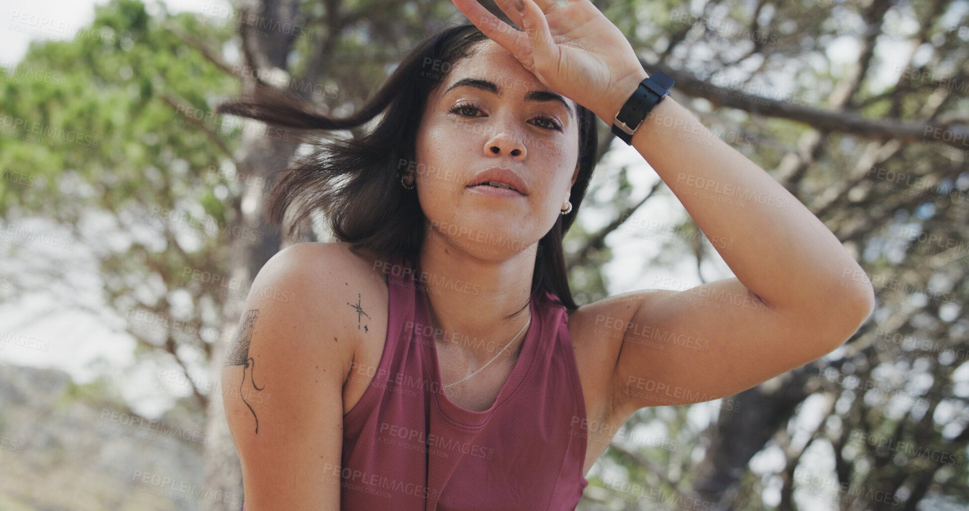Buy stock photo Fitness, break or runner in nature with portrait, intense cardio or rest in outdoor practice. Exercise, fatigue or woman in forest with sweating, training pause and recovery in physical challenge.