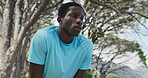 Fitness, break or black man in woods with challenge, cardio fatigue or rest in outdoor practice. Exercise, dedication or runner in forest with stop, training pause and recovery for performance goals.