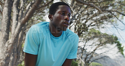 Buy stock photo Fitness, break or black man in woods with challenge, cardio fatigue or rest in outdoor practice. Stop, dedication or runner in forest with sweat, training pause and exercise burnout with recovery.