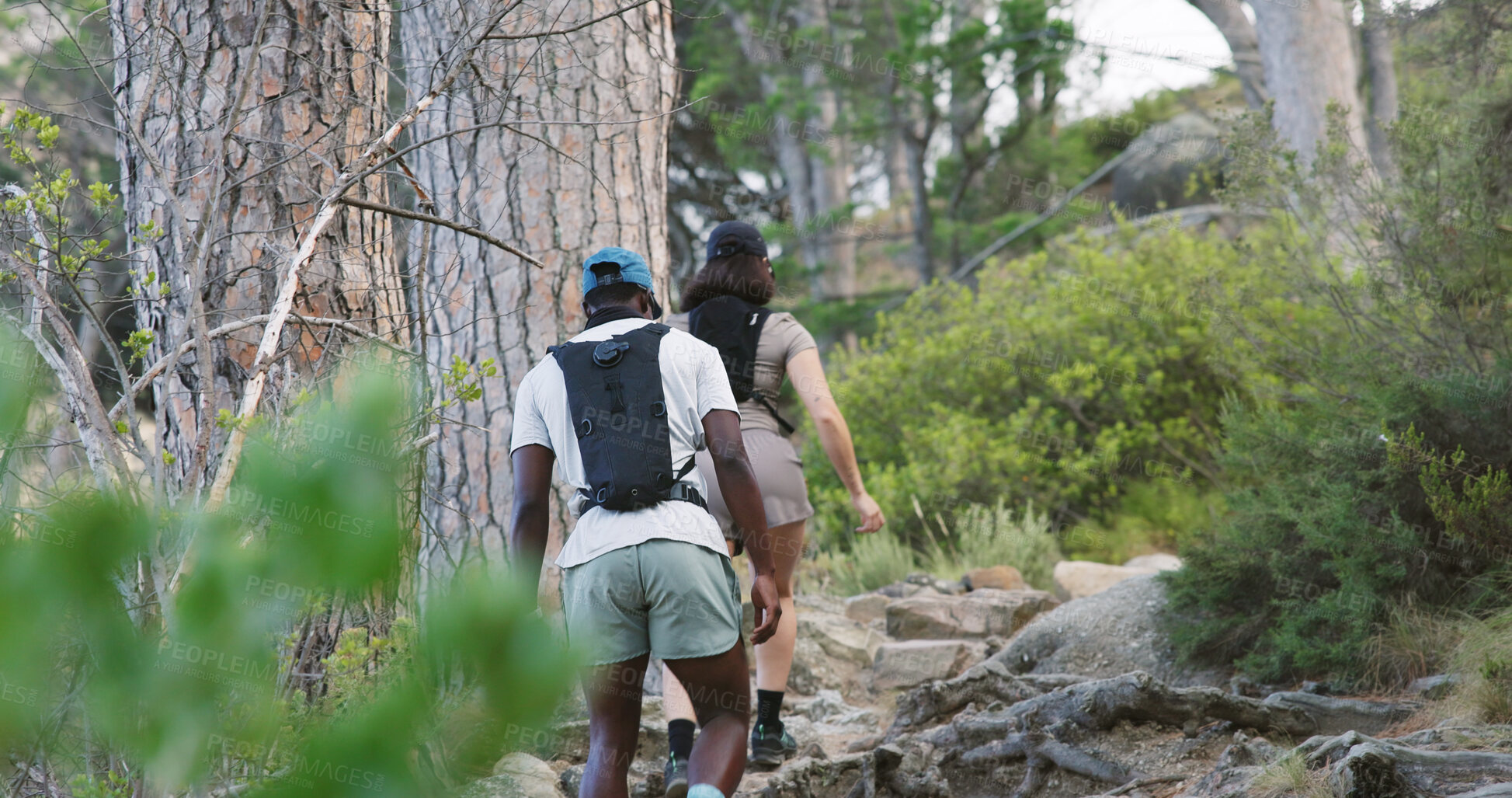 Buy stock photo Back, couple and hiking on mountain with fitness, adventure and exercise together for wellness goals. Active, interracial people and walk in forest with outdoor exploration, workout and trekking