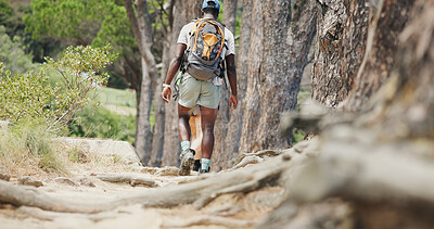 Buy stock photo Fitness, hiking or couple in nature with walk, partnership or cardio support in physical activity. Team, back or people in woods with exercise, workout together or outdoor trekking in active hobby.