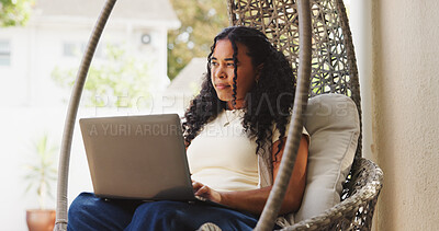 Buy stock photo Patio, education and woman with laptop, thinking and planning for assignment on chair and elearning. Outdoor, student and person with technology for exam preparation, serious and reflection at house