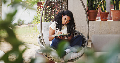 Buy stock photo Freelancer, writing and woman with notebook, patio and planning for creative project or idea at home. Serious, author and person with journal for novel, remote work and brainstorming with notes