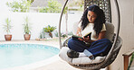 Creative, writing and woman with notebook, patio and planning for freelance project or ideas at home. Calm, author and person with journal for fiction novel, remote work and brainstorming with notes