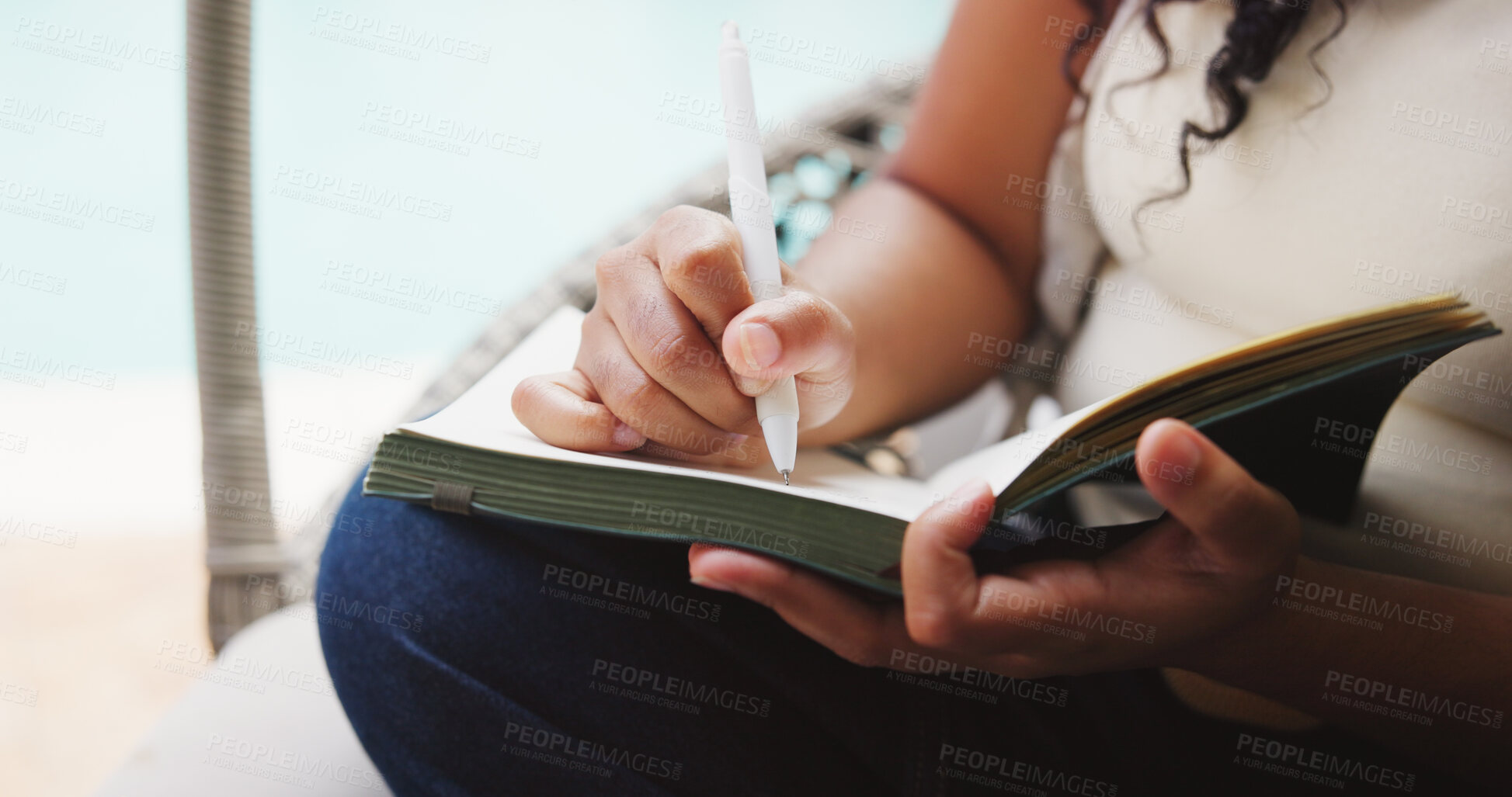 Buy stock photo Freelancer, writing and hands with notebook, home and plan for creative project or story preparation. Author, closeup and person with journal for novel, remote work and brainstorming with notes