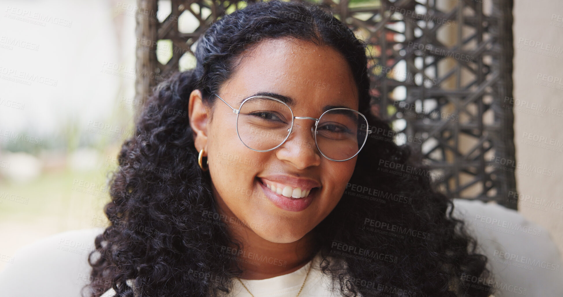 Buy stock photo Wellness, portrait or woman in backyard with glasses, positive attitude or chill on weekend break. Relax, good mood or female person at house with eyewear, satisfaction or day off with happiness.