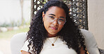Wellness, portrait or woman in backyard with specs, positive attitude or chilling on weekend break. Smile, good mood or person at house with glasses, satisfaction or free time with fresh air.