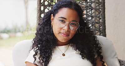Buy stock photo Smile, portrait or woman in backyard with glasses, positive attitude or chilling on weekend break. Wellness, good mood or person at house with eyewear, satisfaction or day off with happiness.