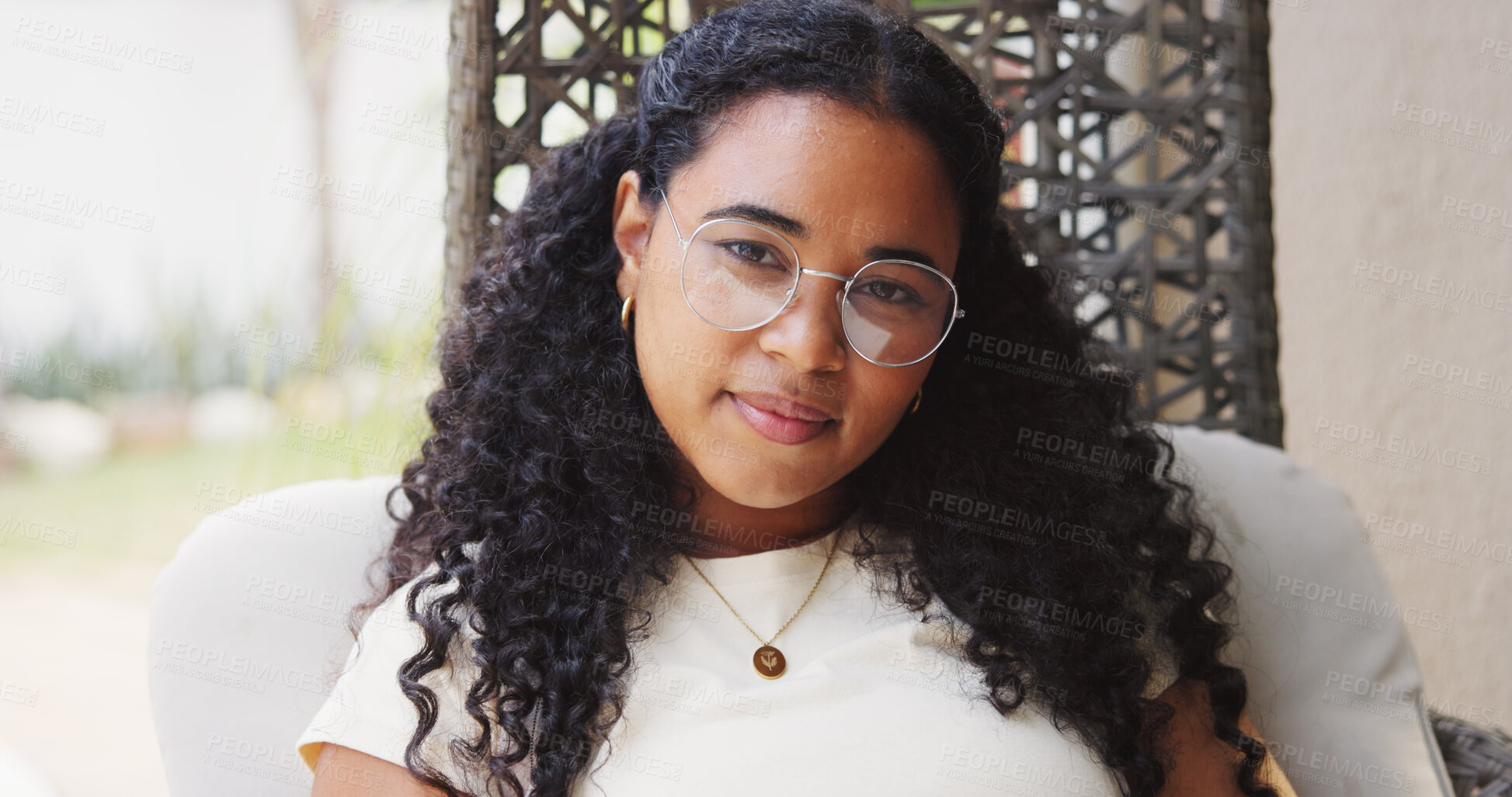 Buy stock photo Smile, portrait or woman in backyard with glasses, positive attitude or chilling on weekend break. Wellness, good mood or person at house with eyewear, satisfaction or day off with happiness.
