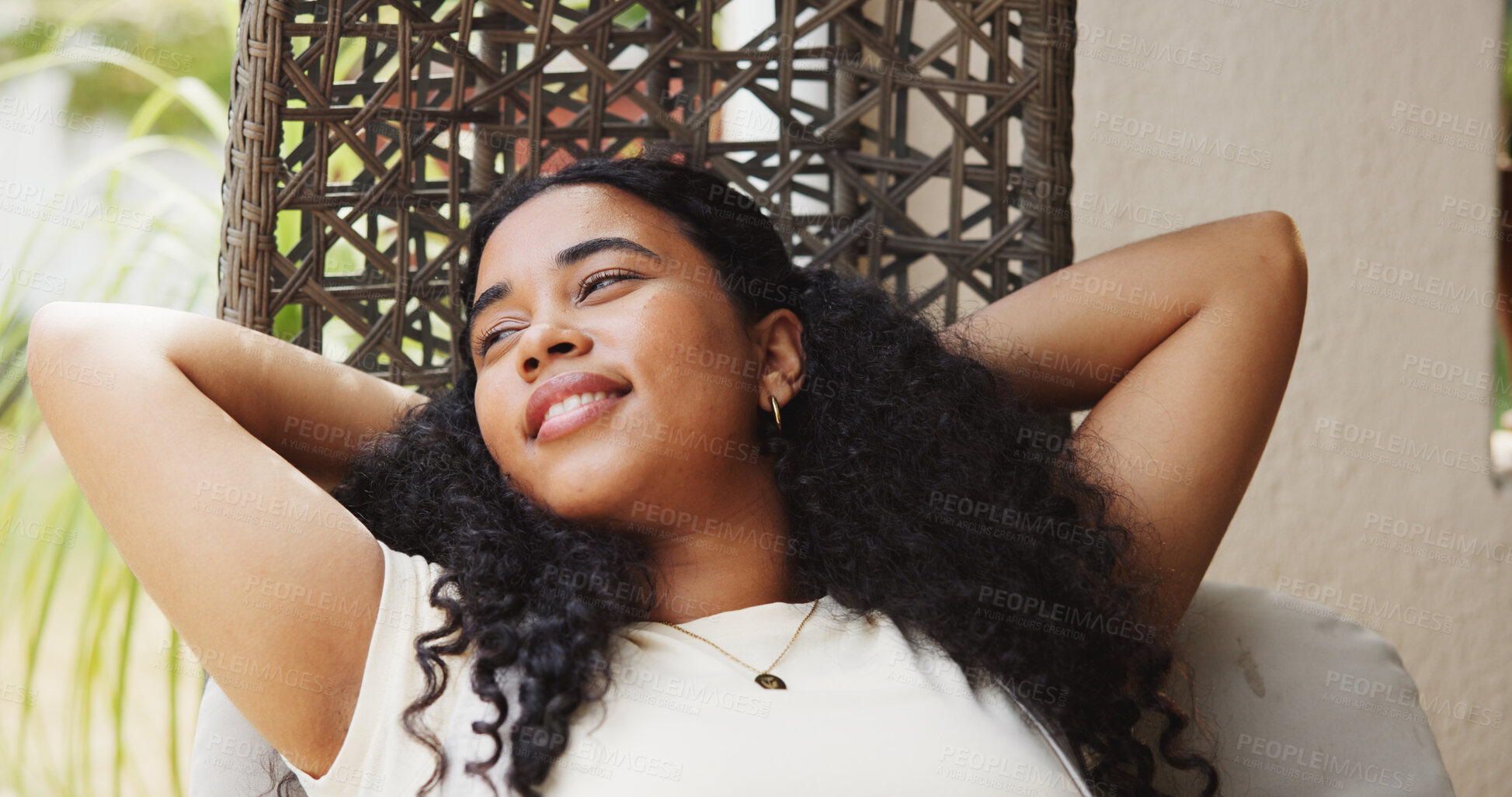 Buy stock photo Smile, thinking and woman on hanging chair for calm morning, peace and chill weekend at home. Reflection, stretching and happy African person at patio for wellness, relax and positive mindset outdoor