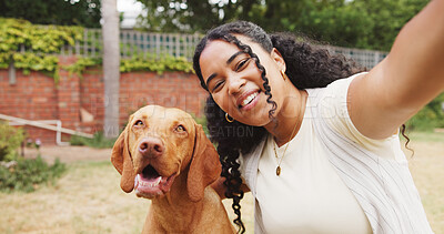 Buy stock photo Portrait, woman and dog in backyard with selfie, pet care and bonding together for social media post. Happy, person and love puppy in home garden with wellness, connection or photography for memories