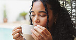 Backyard, woman and drinking coffee outdoor with aroma for wellness, weekend break and start day. Morning beverage, thirsty person and scent at patio with peace, calm and relax with self care