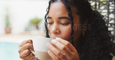 Buy stock photo Backyard, woman and drinking coffee outdoor with aroma for wellness, weekend break and start day. Morning beverage, thirsty person and scent at patio with peace, calm and relax with self care