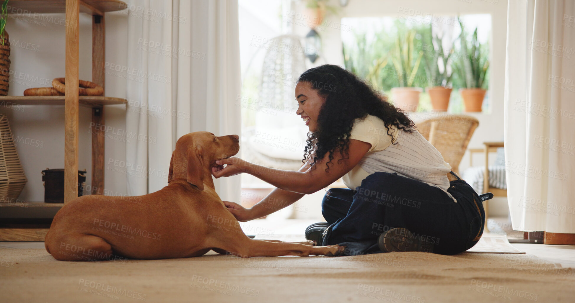 Buy stock photo Woman, relax and dog in living room with smile, wellness and trust companion for bonding together. Happy, female person and love pet in home with connection, animal loyalty and affection on floor.
