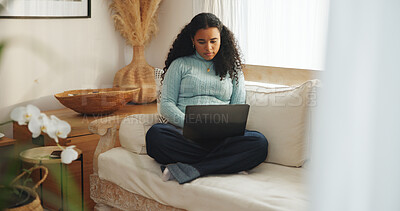 Buy stock photo Education, student and woman with laptop in lounge, elearning and planning for assignment on website. Home, studying and person with tech for exam preparation, knowledge and serious with research